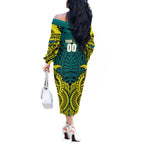 Personalized Hockeyroos Kangaroo Field Hockey Off The Shoulder Long Sleeve Dress Tribal Geometric Green Gold Symmetrical Pattern Design