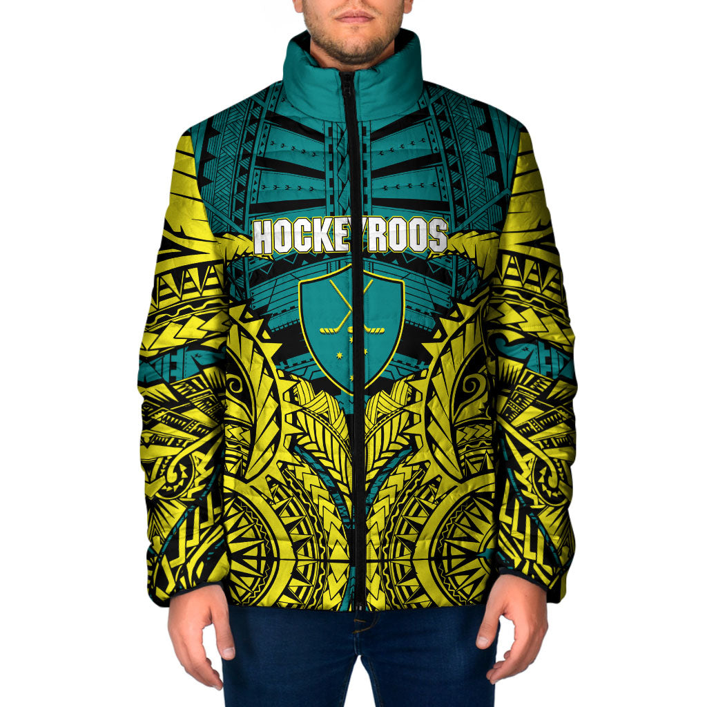 Personalized Hockeyroos Kangaroo Field Hockey Padded Jacket Tribal Geometric Green Gold Symmetrical Pattern Design