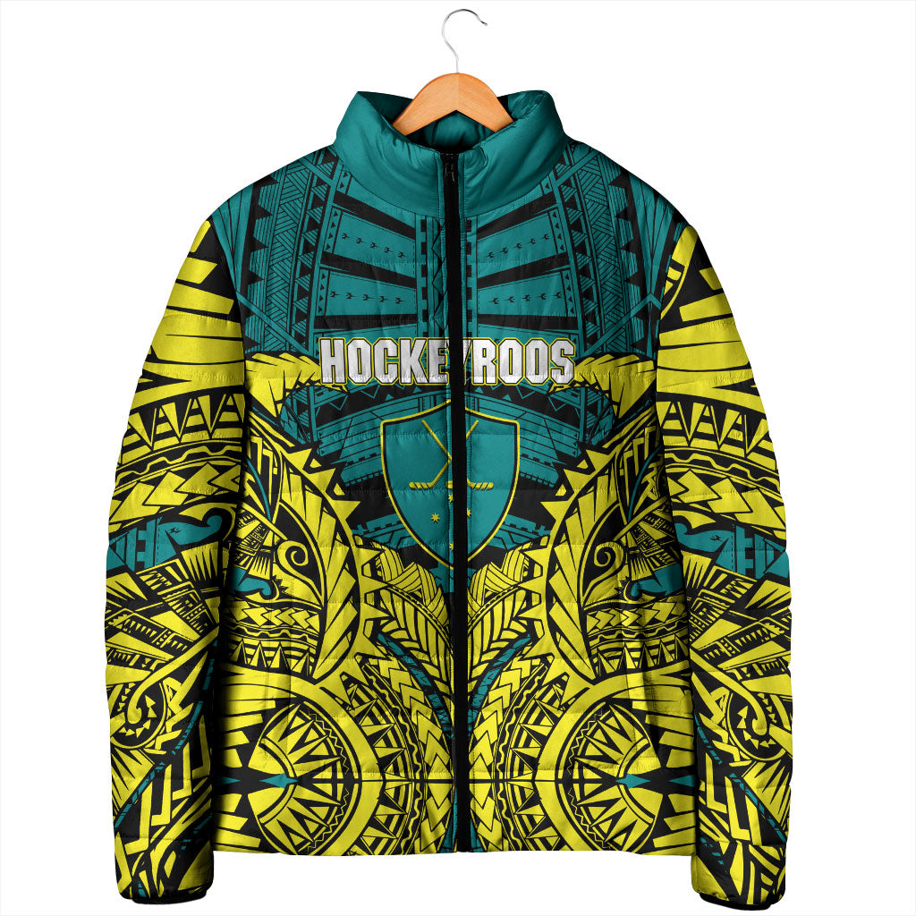 Personalized Hockeyroos Kangaroo Field Hockey Padded Jacket Tribal Geometric Green Gold Symmetrical Pattern Design
