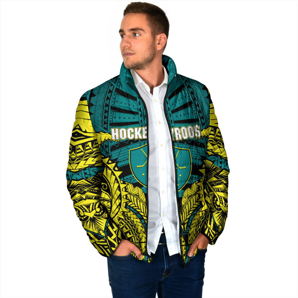 Personalized Hockeyroos Kangaroo Field Hockey Padded Jacket Tribal Geometric Green Gold Symmetrical Pattern Design