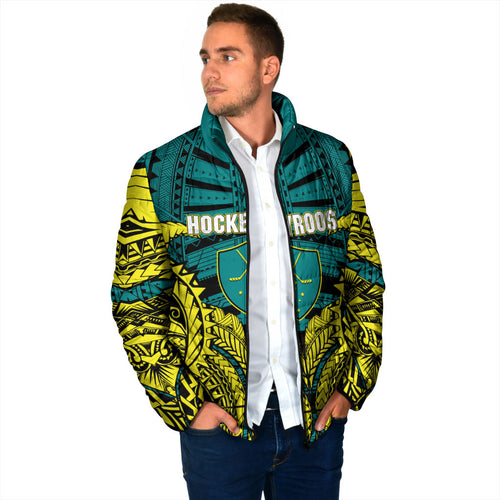 Personalized Hockeyroos Kangaroo Field Hockey Padded Jacket Tribal Geometric Green Gold Symmetrical Pattern Design