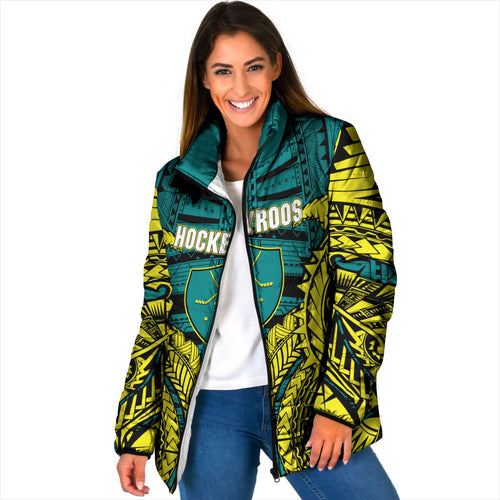 Personalized Hockeyroos Kangaroo Field Hockey Padded Jacket Tribal Geometric Green Gold Symmetrical Pattern Design