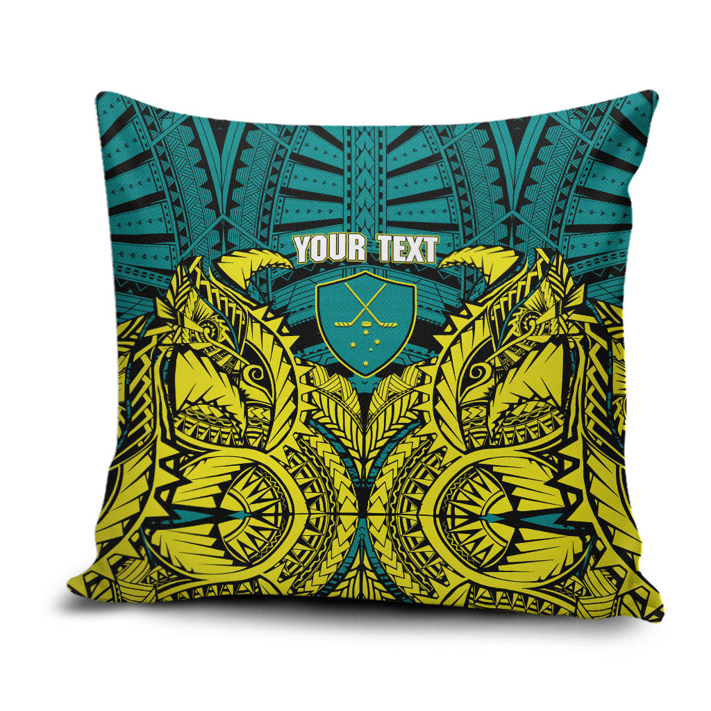 Personalized Hockeyroos Kangaroo Field Hockey Pillow Cover Tribal Geometric Green Gold Symmetrical Pattern Design