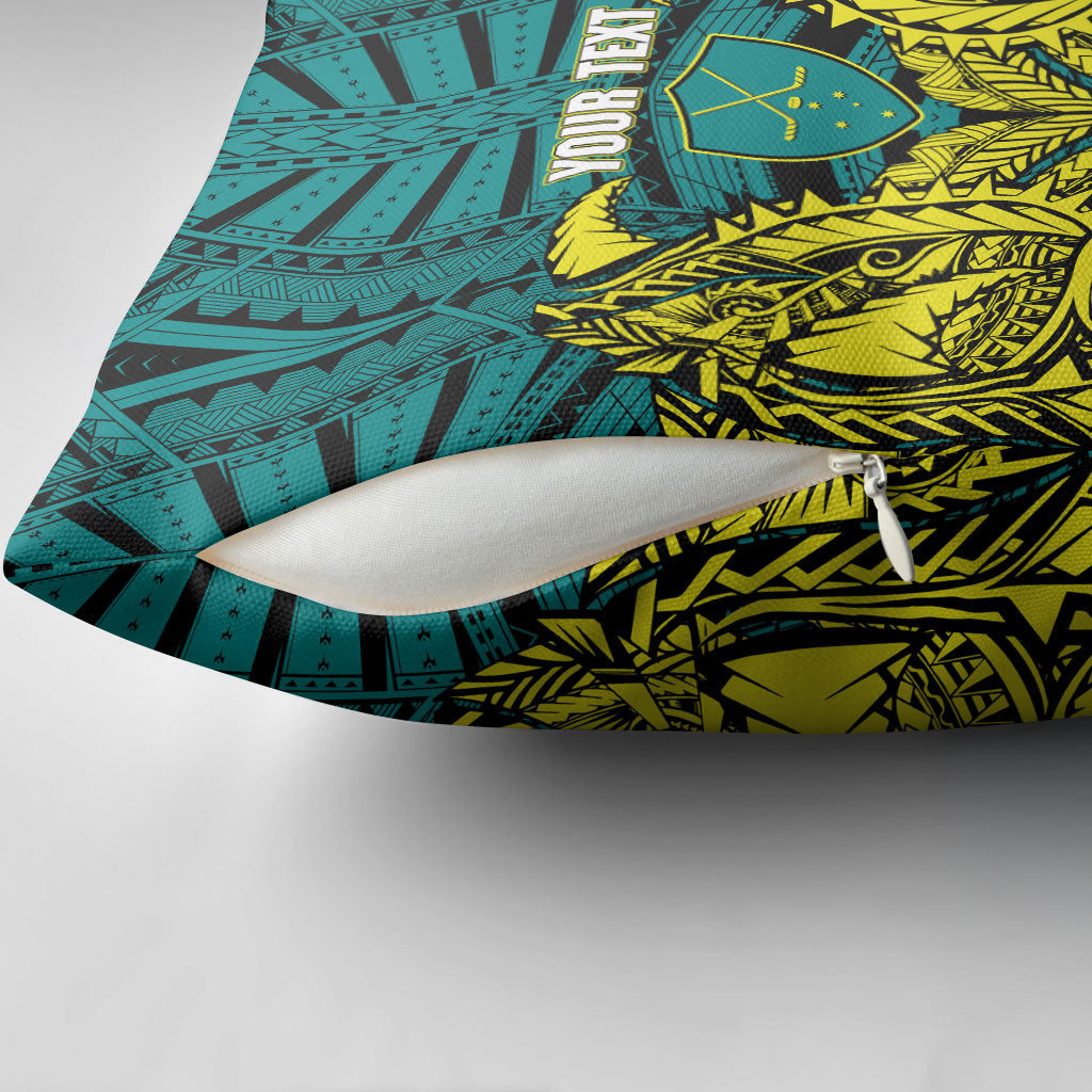 Personalized Hockeyroos Kangaroo Field Hockey Pillow Cover Tribal Geometric Green Gold Symmetrical Pattern Design