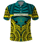 Personalized Hockeyroos Kangaroo Field Hockey Polo Shirt Tribal Geometric Green Gold Symmetrical Pattern Design