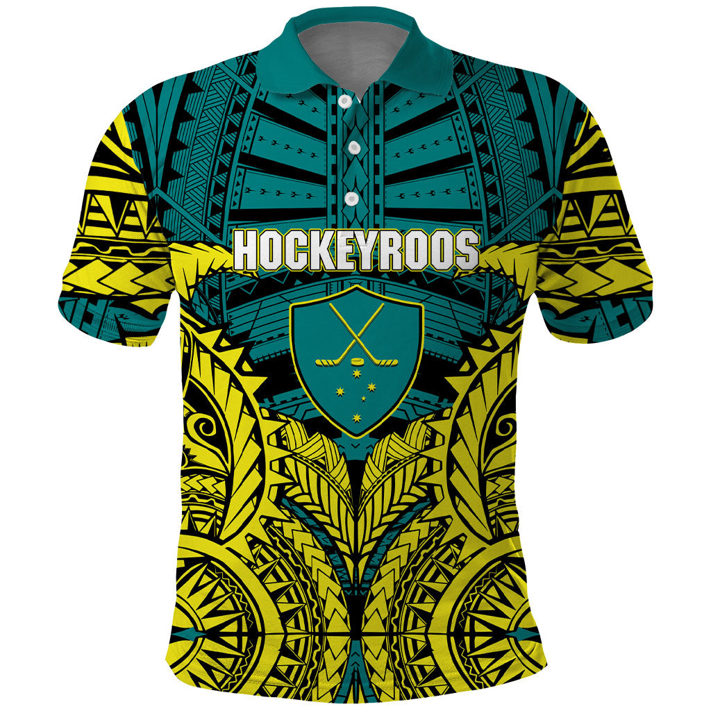 Personalized Hockeyroos Kangaroo Field Hockey Polo Shirt Tribal Geometric Green Gold Symmetrical Pattern Design