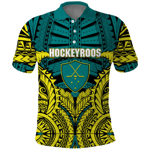Personalized Hockeyroos Kangaroo Field Hockey Polo Shirt Tribal Geometric Green Gold Symmetrical Pattern Design