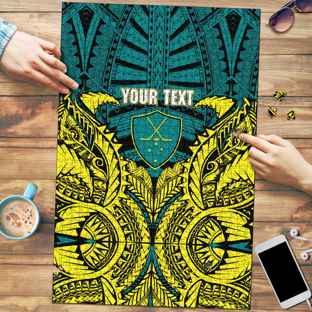 Personalized Hockeyroos Kangaroo Field Hockey Puzzle Tribal Geometric Green Gold Symmetrical Pattern Design