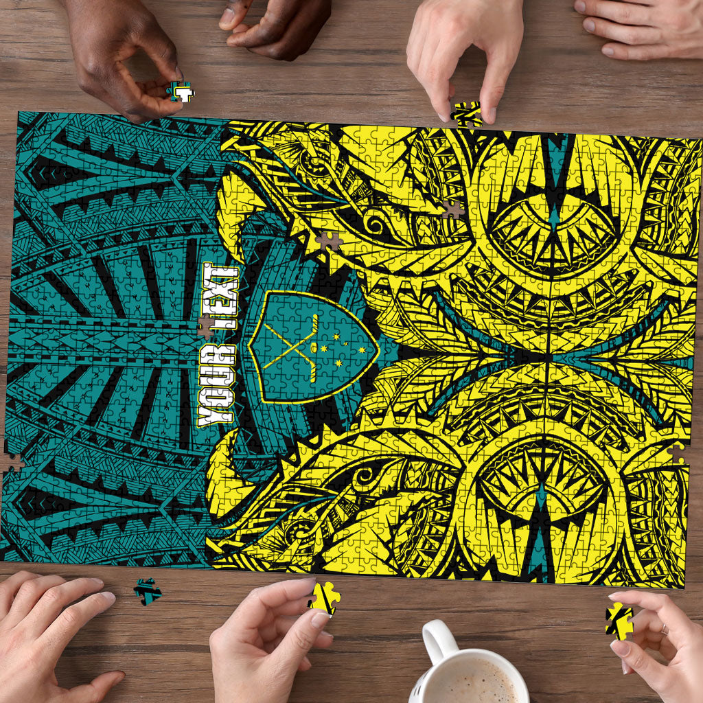 Personalized Hockeyroos Kangaroo Field Hockey Puzzle Tribal Geometric Green Gold Symmetrical Pattern Design