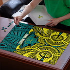 Personalized Hockeyroos Kangaroo Field Hockey Puzzle Tribal Geometric Green Gold Symmetrical Pattern Design