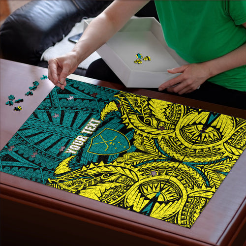 Personalized Hockeyroos Kangaroo Field Hockey Puzzle Tribal Geometric Green Gold Symmetrical Pattern Design