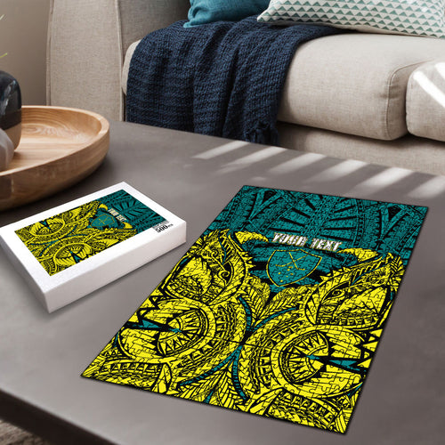 Personalized Hockeyroos Kangaroo Field Hockey Puzzle Tribal Geometric Green Gold Symmetrical Pattern Design