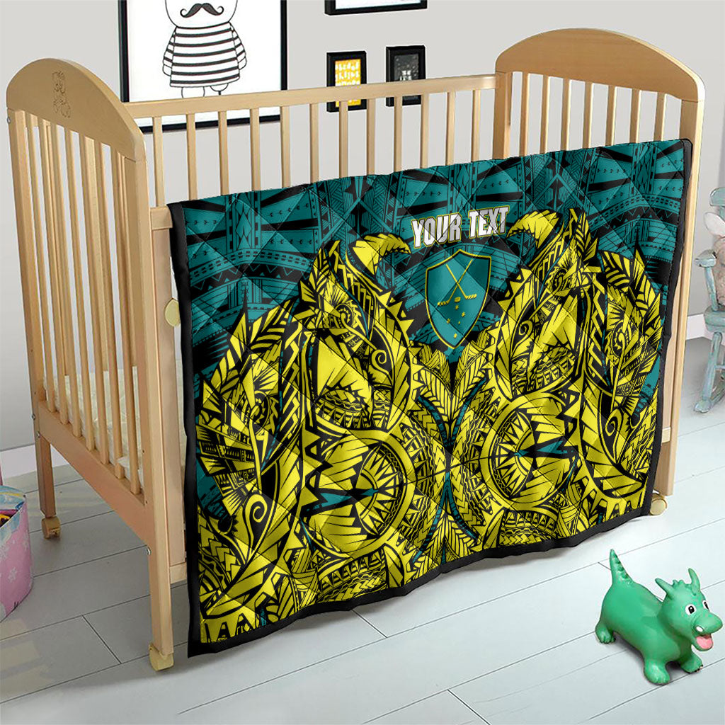 Personalized Hockeyroos Kangaroo Field Hockey Quilt Tribal Geometric Green Gold Symmetrical Pattern Design