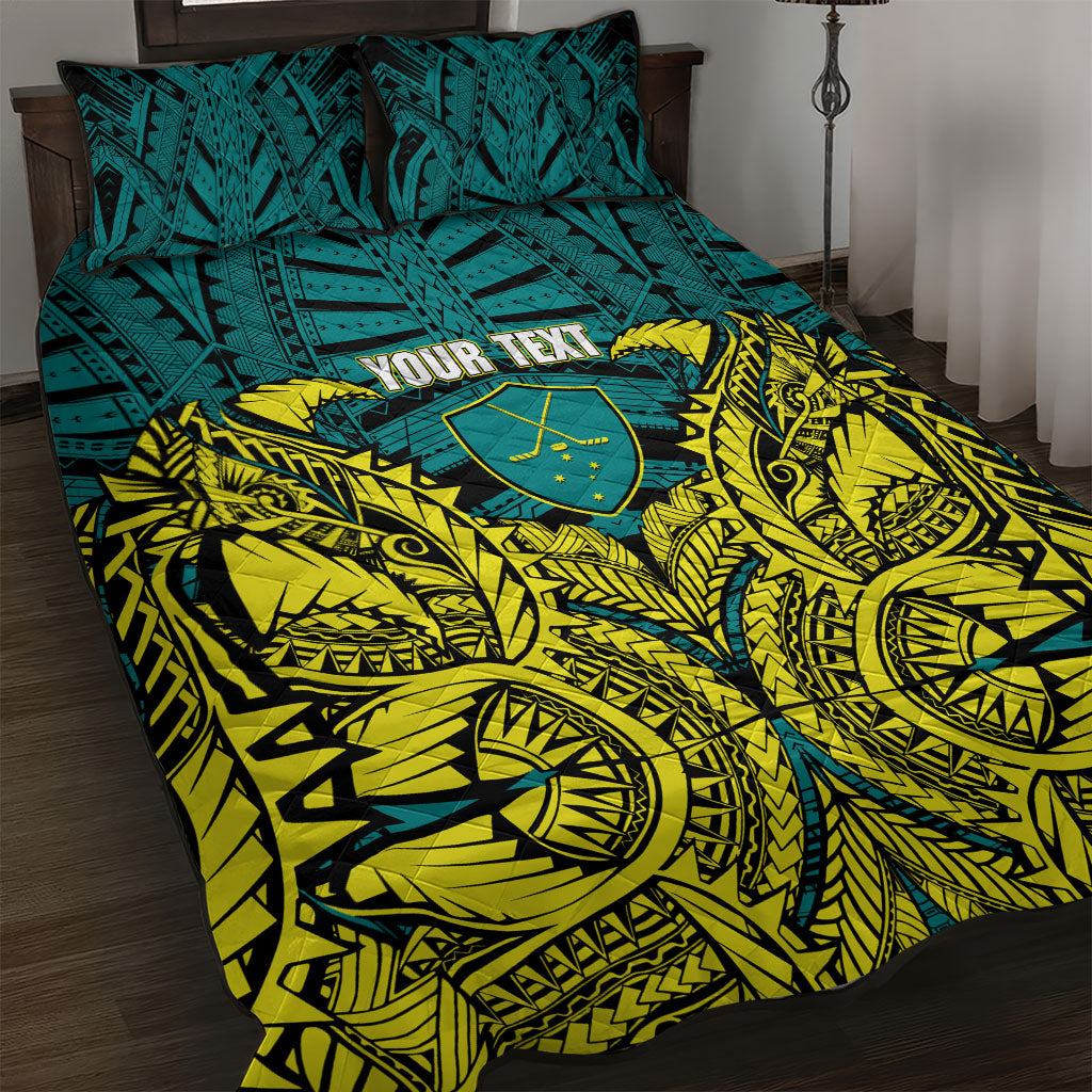 Personalized Hockeyroos Kangaroo Field Hockey Quilt Bed Set Tribal Geometric Green Gold Symmetrical Pattern Design