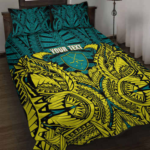 Personalized Hockeyroos Kangaroo Field Hockey Quilt Bed Set Tribal Geometric Green Gold Symmetrical Pattern Design