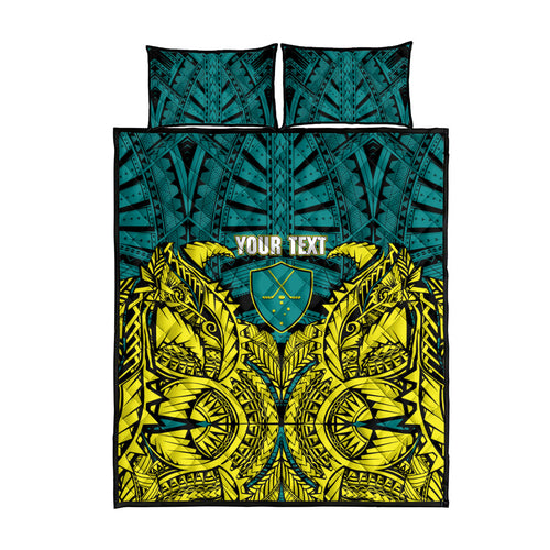 Personalized Hockeyroos Kangaroo Field Hockey Quilt Bed Set Tribal Geometric Green Gold Symmetrical Pattern Design