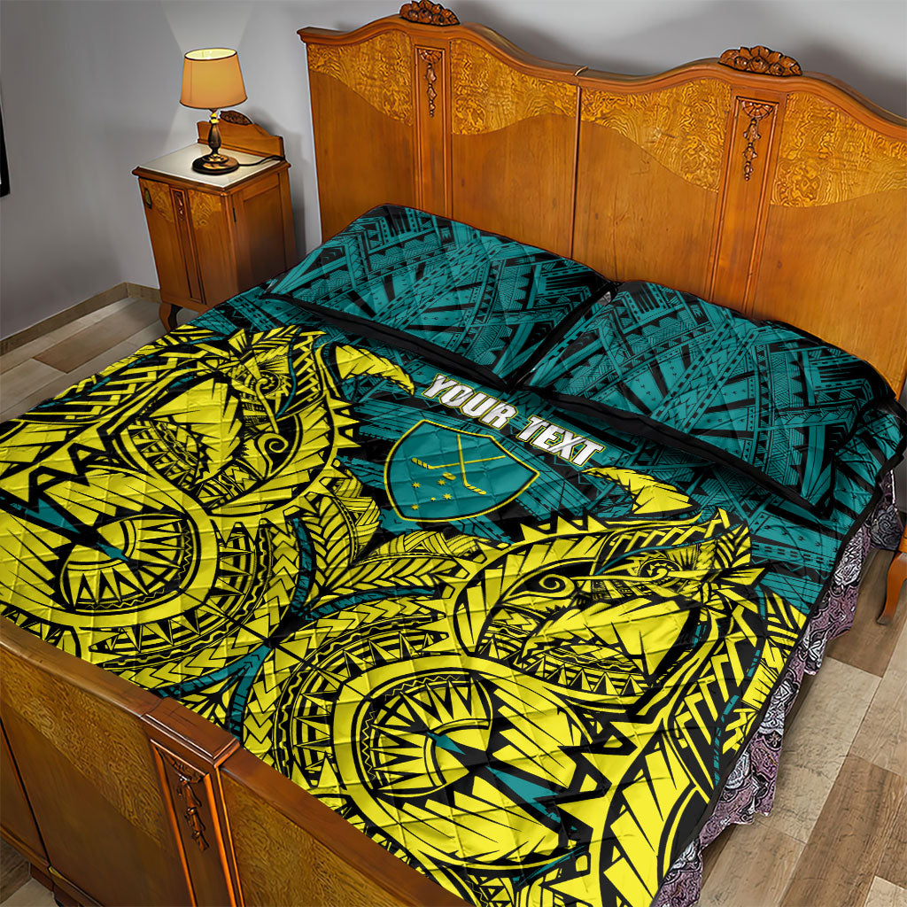 Personalized Hockeyroos Kangaroo Field Hockey Quilt Bed Set Tribal Geometric Green Gold Symmetrical Pattern Design