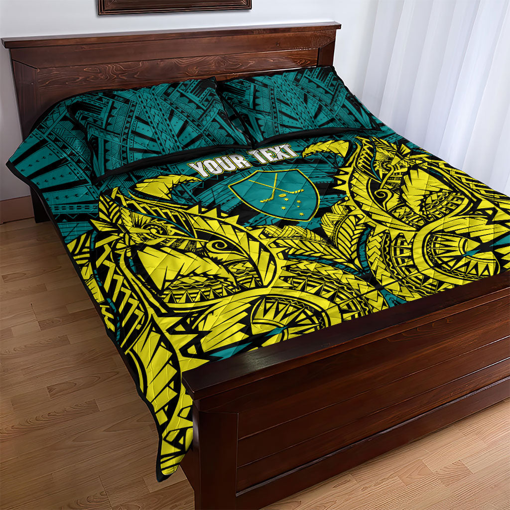 Personalized Hockeyroos Kangaroo Field Hockey Quilt Bed Set Tribal Geometric Green Gold Symmetrical Pattern Design