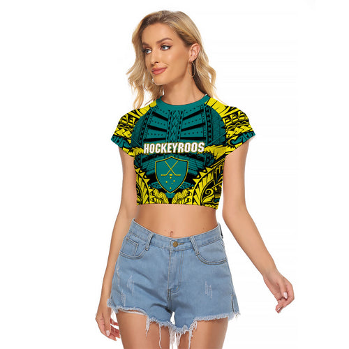 Personalized Hockeyroos Kangaroo Field Hockey Raglan Cropped T Shirt Tribal Geometric Green Gold Symmetrical Pattern Design