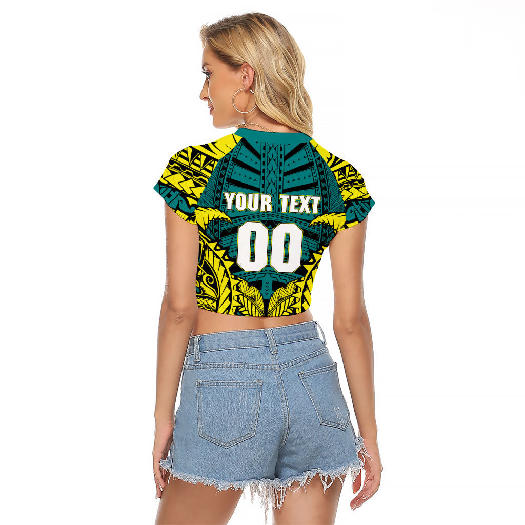 Personalized Hockeyroos Kangaroo Field Hockey Raglan Cropped T Shirt Tribal Geometric Green Gold Symmetrical Pattern Design