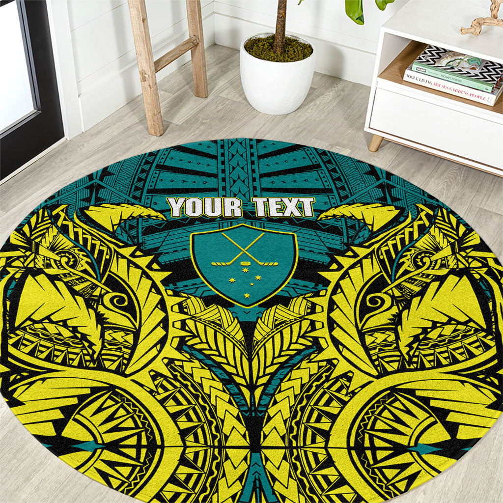 Personalized Hockeyroos Kangaroo Field Hockey Round Carpet Tribal Geometric Green Gold Symmetrical Pattern Design