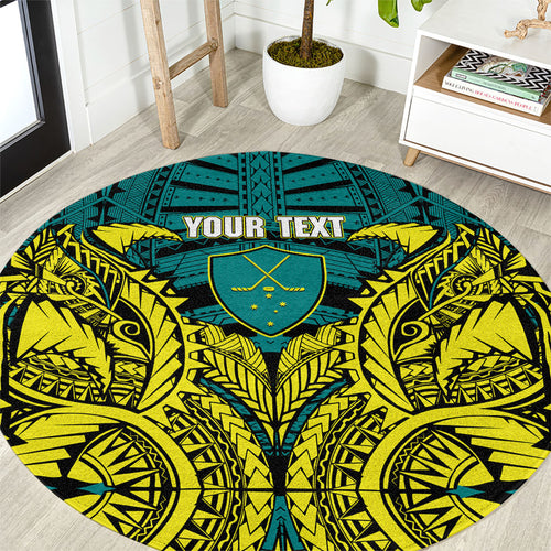 Personalized Hockeyroos Kangaroo Field Hockey Round Carpet Tribal Geometric Green Gold Symmetrical Pattern Design