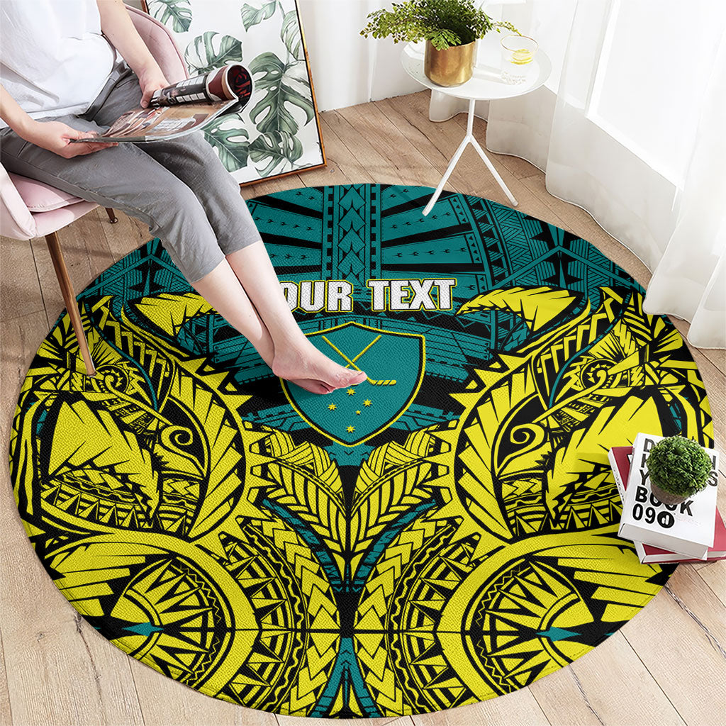 Personalized Hockeyroos Kangaroo Field Hockey Round Carpet Tribal Geometric Green Gold Symmetrical Pattern Design