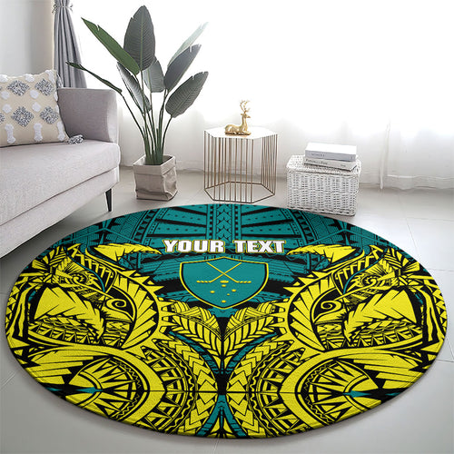 Personalized Hockeyroos Kangaroo Field Hockey Round Carpet Tribal Geometric Green Gold Symmetrical Pattern Design