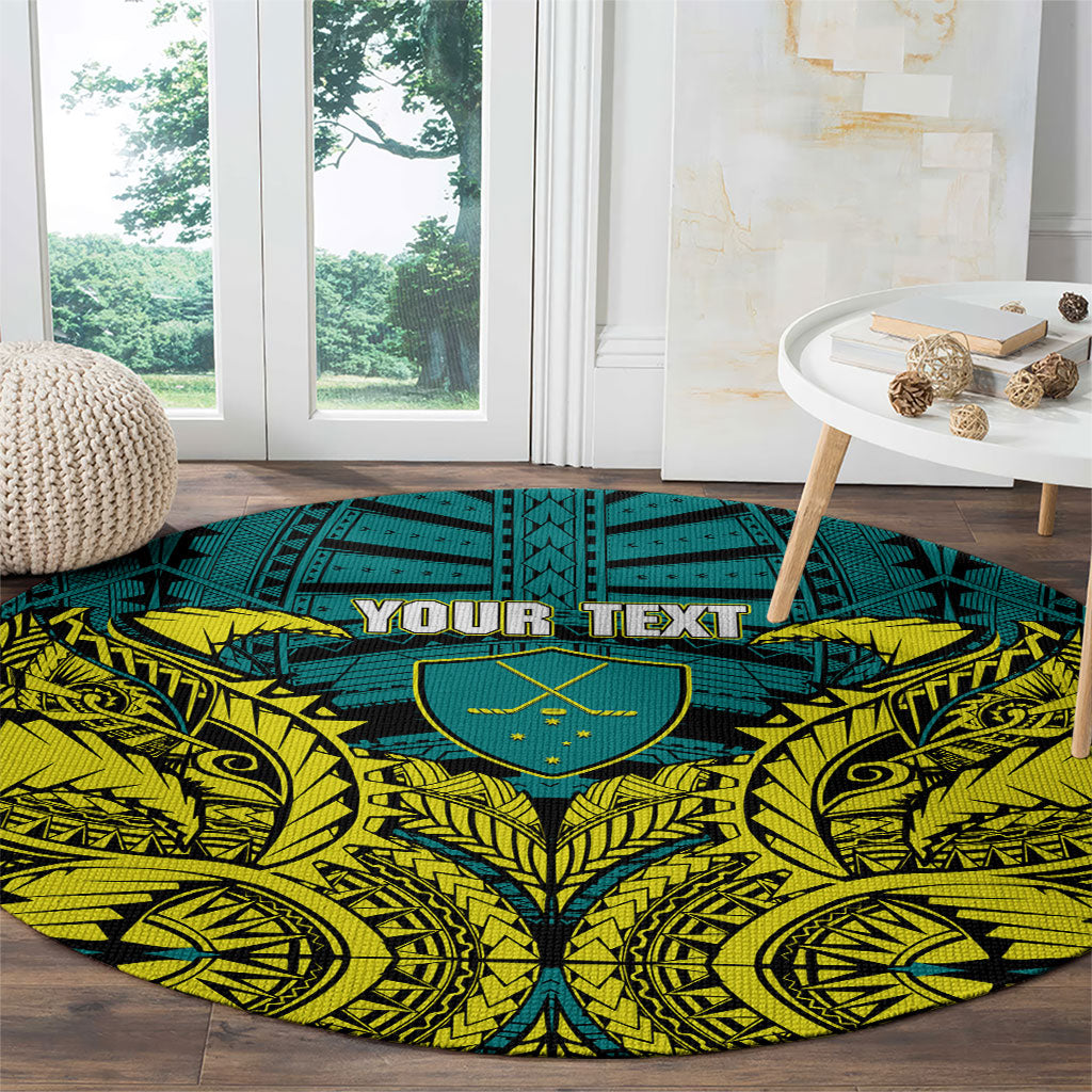Personalized Hockeyroos Kangaroo Field Hockey Round Carpet Tribal Geometric Green Gold Symmetrical Pattern Design