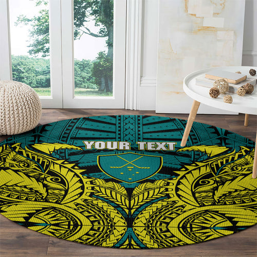 Personalized Hockeyroos Kangaroo Field Hockey Round Carpet Tribal Geometric Green Gold Symmetrical Pattern Design