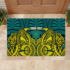 Personalized Hockeyroos Kangaroo Field Hockey Rubber Doormat Tribal Geometric Green Gold Symmetrical Pattern Design
