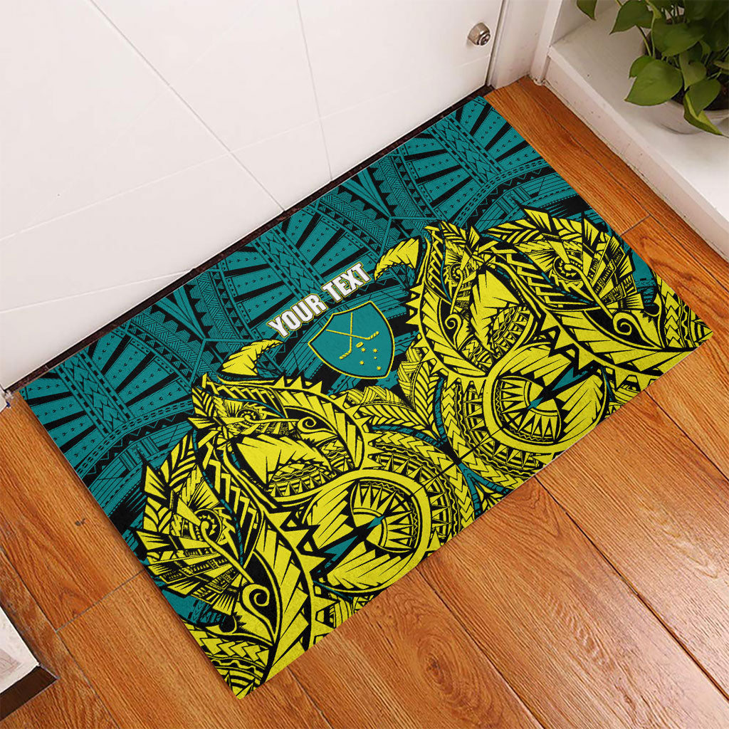Personalized Hockeyroos Kangaroo Field Hockey Rubber Doormat Tribal Geometric Green Gold Symmetrical Pattern Design