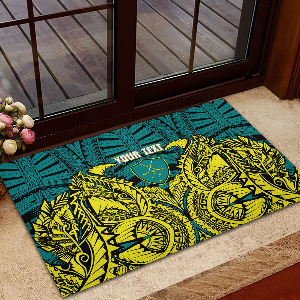 Personalized Hockeyroos Kangaroo Field Hockey Rubber Doormat Tribal Geometric Green Gold Symmetrical Pattern Design