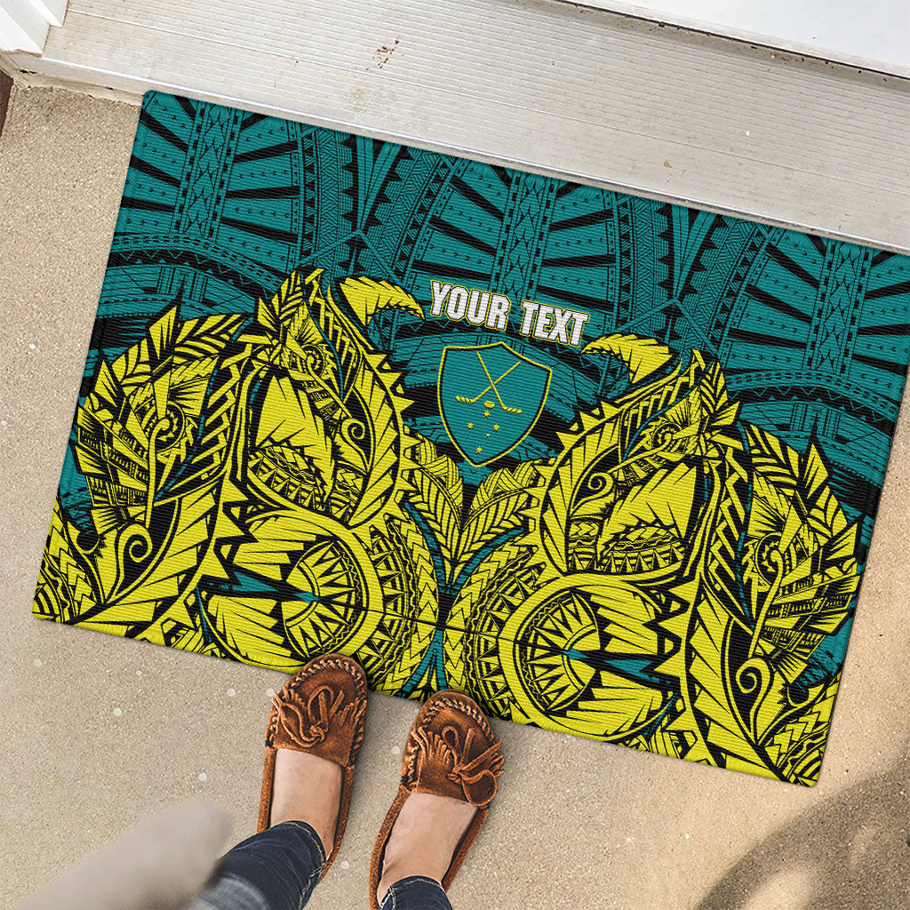 Personalized Hockeyroos Kangaroo Field Hockey Rubber Doormat Tribal Geometric Green Gold Symmetrical Pattern Design