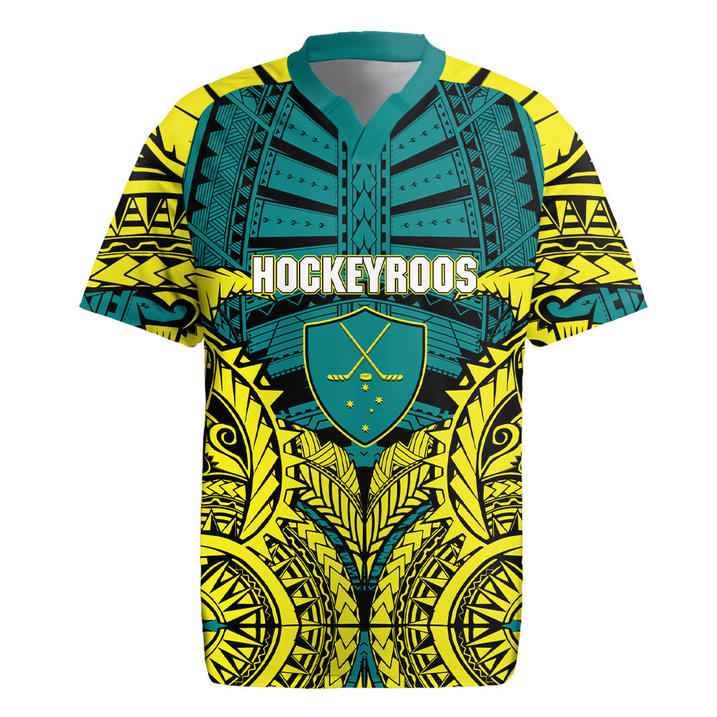 Personalized Hockeyroos Kangaroo Field Hockey Rugby Jersey Tribal Geometric Green Gold Symmetrical Pattern Design