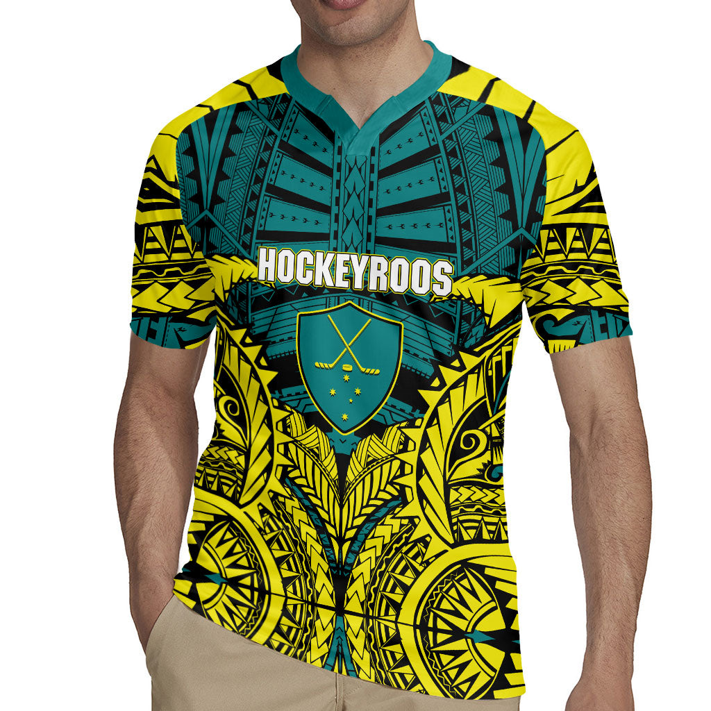 Personalized Hockeyroos Kangaroo Field Hockey Rugby Jersey Tribal Geometric Green Gold Symmetrical Pattern Design
