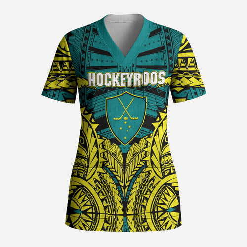 Personalized Hockeyroos Kangaroo Field Hockey Scrub Top Tribal Geometric Green Gold Symmetrical Pattern Design