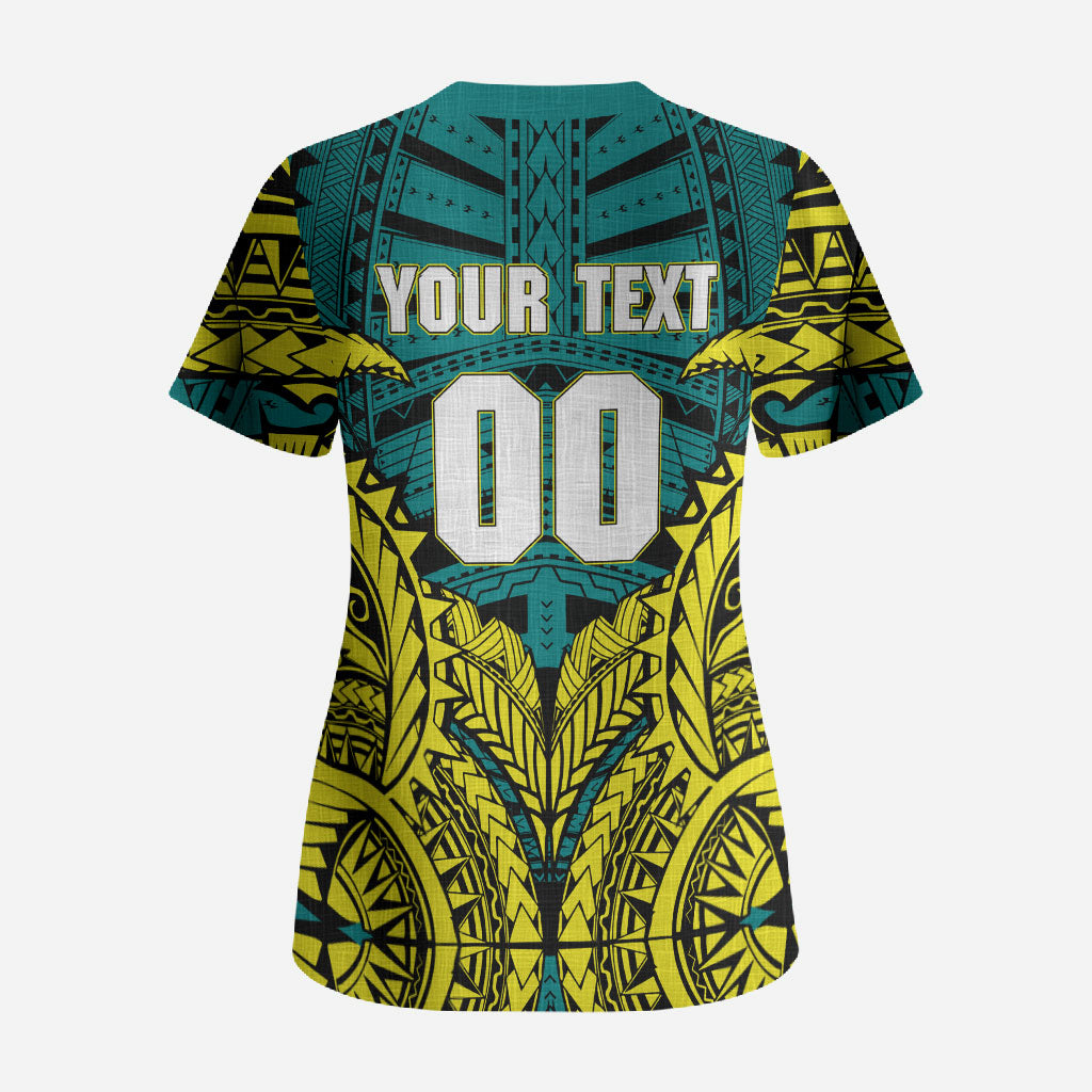 Personalized Hockeyroos Kangaroo Field Hockey Scrub Top Tribal Geometric Green Gold Symmetrical Pattern Design