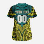 Personalized Hockeyroos Kangaroo Field Hockey Scrub Top Tribal Geometric Green Gold Symmetrical Pattern Design