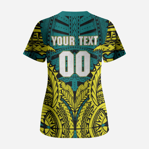 Personalized Hockeyroos Kangaroo Field Hockey Scrub Top Tribal Geometric Green Gold Symmetrical Pattern Design