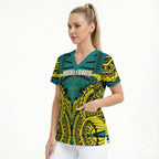 Personalized Hockeyroos Kangaroo Field Hockey Scrub Top Tribal Geometric Green Gold Symmetrical Pattern Design