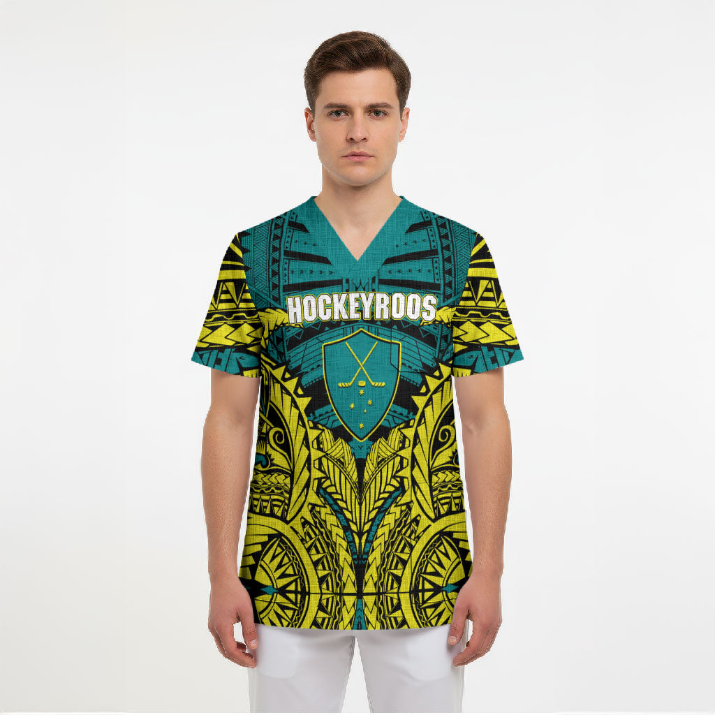 Personalized Hockeyroos Kangaroo Field Hockey Scrub Top Tribal Geometric Green Gold Symmetrical Pattern Design