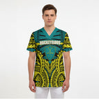 Personalized Hockeyroos Kangaroo Field Hockey Scrub Top Tribal Geometric Green Gold Symmetrical Pattern Design
