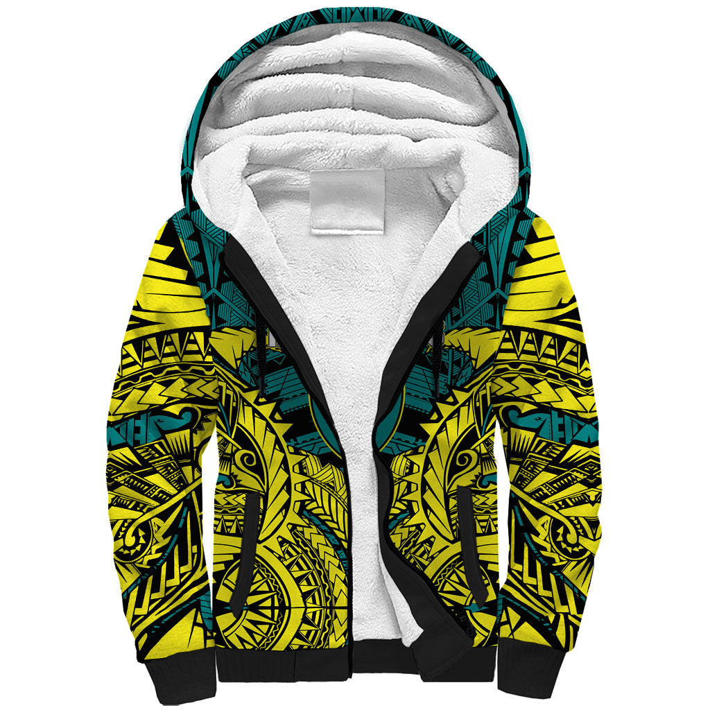 Personalized Hockeyroos Kangaroo Field Hockey Sherpa Hoodie Tribal Geometric Green Gold Symmetrical Pattern Design