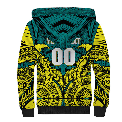 Personalized Hockeyroos Kangaroo Field Hockey Sherpa Hoodie Tribal Geometric Green Gold Symmetrical Pattern Design