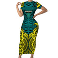 Personalized Hockeyroos Kangaroo Field Hockey Short Sleeve Bodycon Dress Tribal Geometric Green Gold Symmetrical Pattern Design