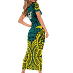 Personalized Hockeyroos Kangaroo Field Hockey Short Sleeve Bodycon Dress Tribal Geometric Green Gold Symmetrical Pattern Design