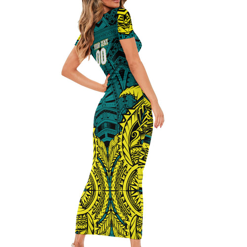Personalized Hockeyroos Kangaroo Field Hockey Short Sleeve Bodycon Dress Tribal Geometric Green Gold Symmetrical Pattern Design