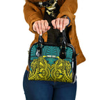 Personalized Hockeyroos Kangaroo Field Hockey Shoulder Handbag Tribal Geometric Green Gold Symmetrical Pattern Design