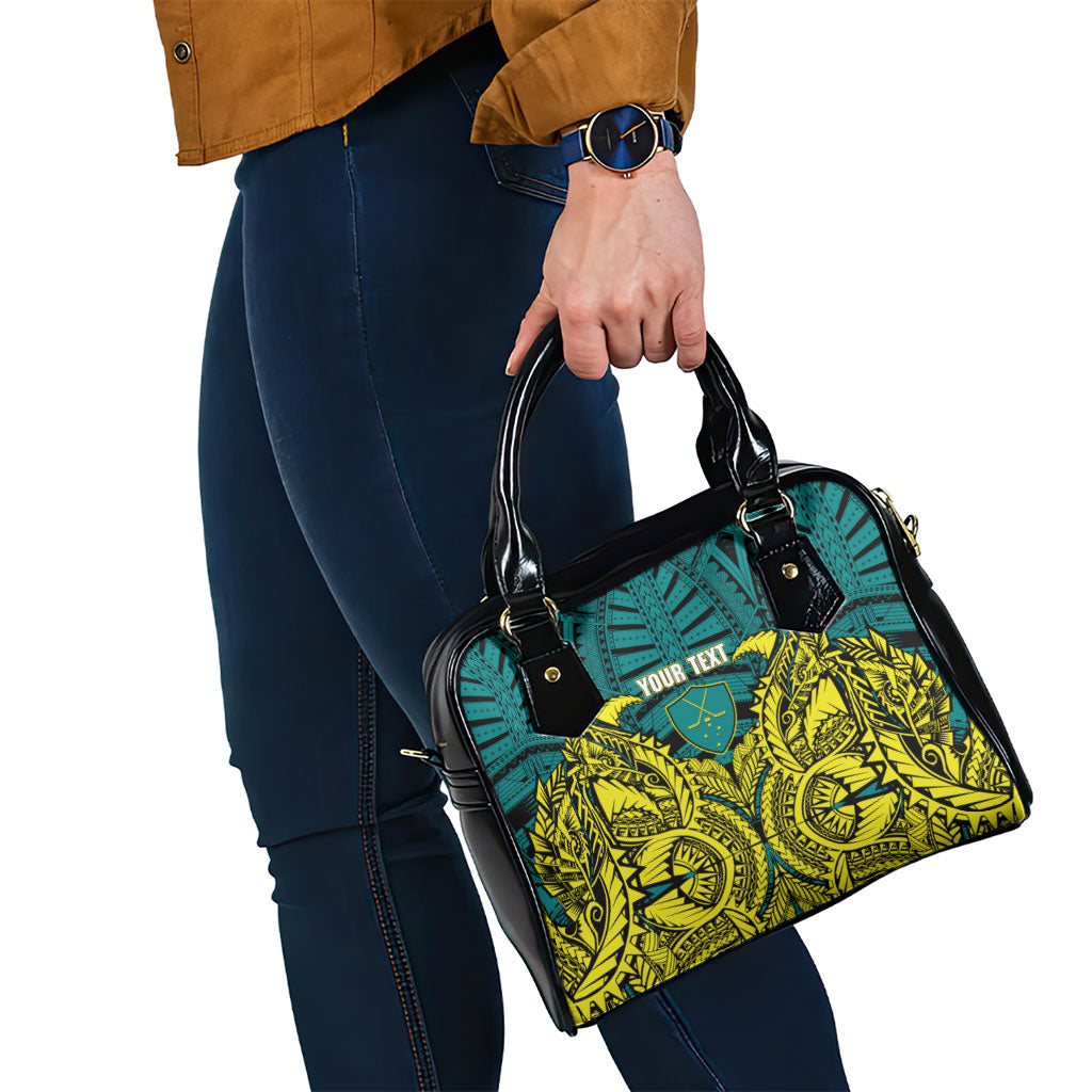 Personalized Hockeyroos Kangaroo Field Hockey Shoulder Handbag Tribal Geometric Green Gold Symmetrical Pattern Design